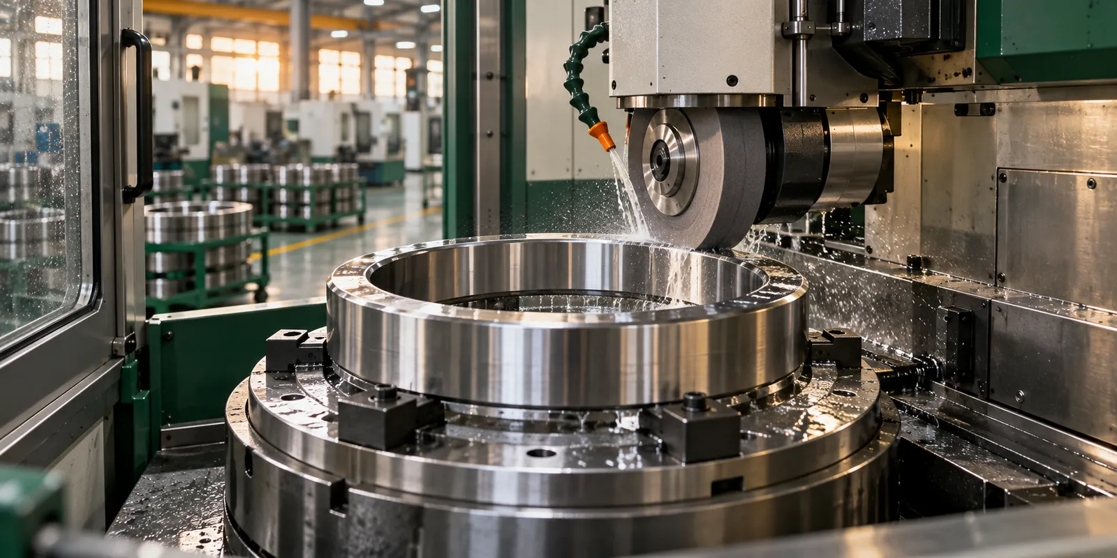 Illustration of CNC grinding a steel bearing ring