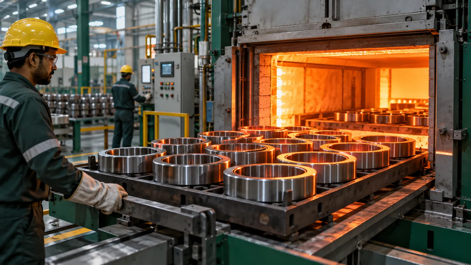 Illustration of bearing rings near an industrial heat treatment furnace