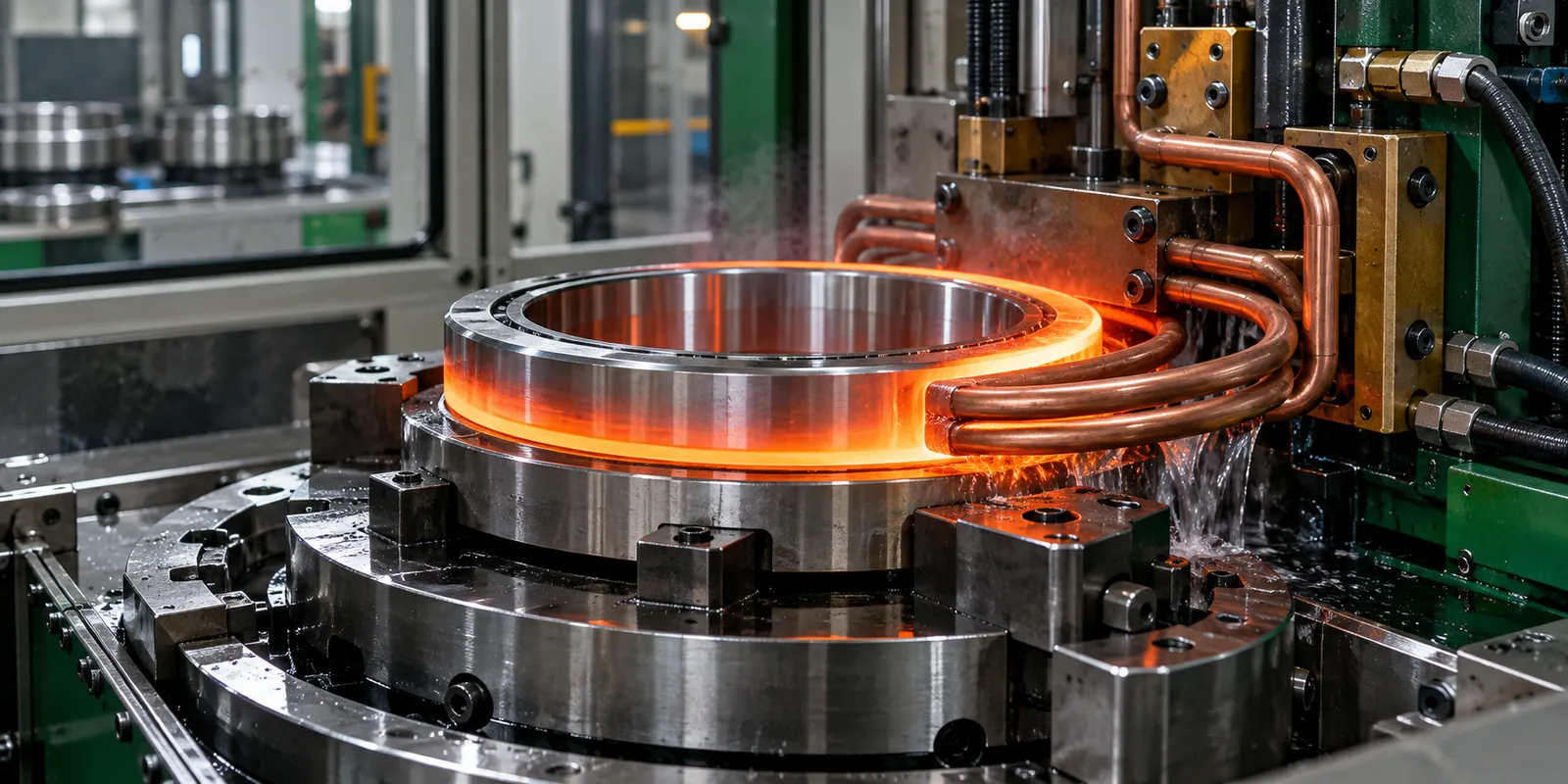 Illustration of a bearing ring undergoing induction hardening