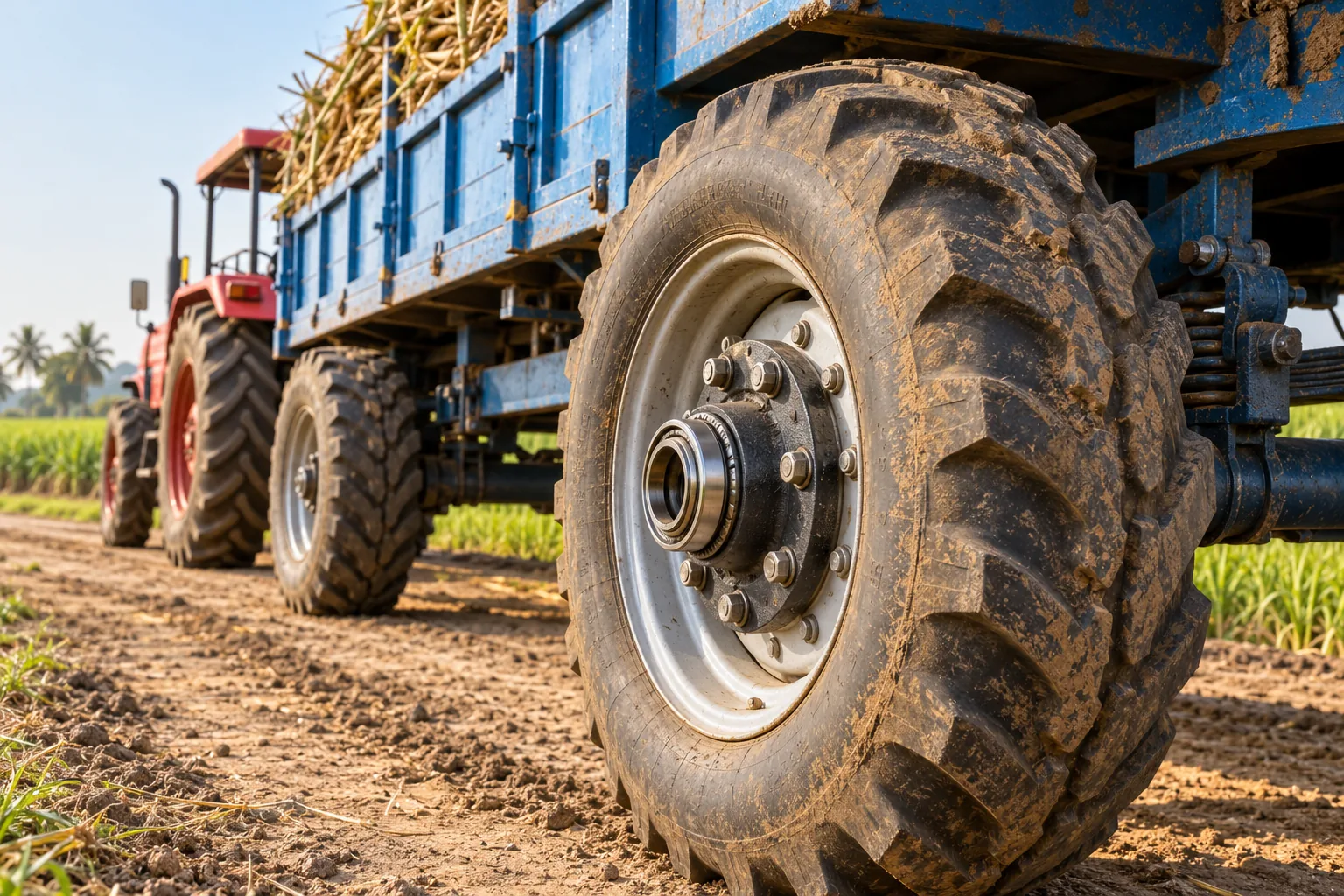 Illustration of a loaded agricultural trolley and its wheel hub